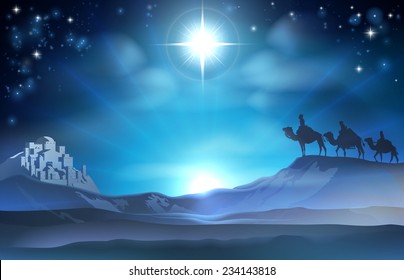 Christmas Christian Nativity Scene Of The Star And Three Wise Men And Bethlehem In The Background