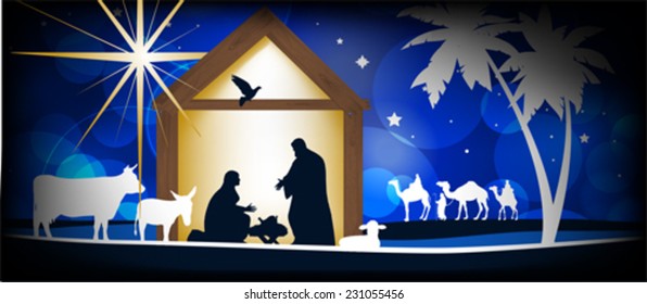 Christmas Christian nativity scene, three wise men or kings, farm animals and star of Bethlehem 