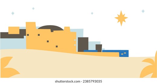 Christmas Christian Nativity scene vector. Postcard in cartoon, flat style. The city of Bethlehem and the Star above. Christian religious art.	
