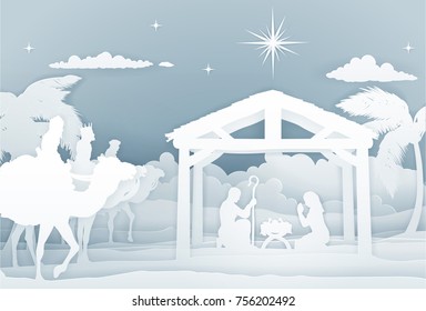 Christmas Christian religious Nativity Scene of baby Jesus in the manger with Mary and Joseph in silhouette. With the three wise men magi. In a vintage paper art style.