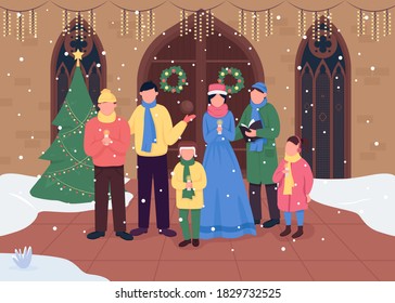 Christmas Church Choir Flat Color Vector Illustration. Singing Carol Songs. Worship Gatherings. Happy Holiday 2D Cartoon Characters With Traditionaly Decorated Church On Background