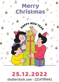 Christmas church event invitations with presents, confetti, people, bible, star and cross.