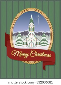 Christmas church greeting card. Nordic inspired church in winter with evergreens & mountains in the snow. Features Merry Christmas banner. Ready to use image perfect for a holiday greeting card.