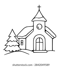 Christmas church with pine tree vector illustration, snowy winter landscape outline
