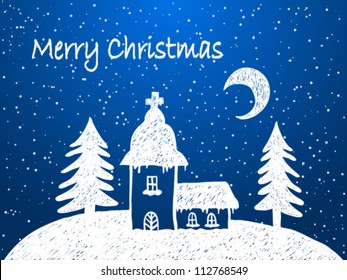 Christmas church with snow at night - hand drawn illustration