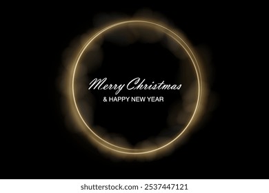 Christmas circle background with golden light neon effect. Glowing circle line with neon effect. Glowing blue circle trace. Magical glitter swirl trail effect on black background. 
