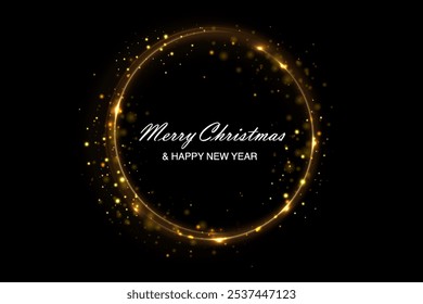 Navidades de fondo de círculo con efecto de neón de luz dorada. Línea circular brillante con efecto neón. Trazo de círculo azul brillante. Efecto mágico de remolino de purpurina sobre fondo negro. 
