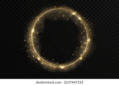 Christmas circle background with golden light neon effect. Glowing circle line with neon effect. Glowing blue circle trace. Magical glitter swirl trail effect on black background. 
