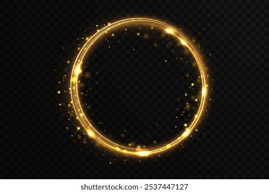 Christmas circle background with golden light neon effect. Glowing circle line with neon effect. Glowing blue circle trace. Magical glitter swirl trail effect on black background. 
