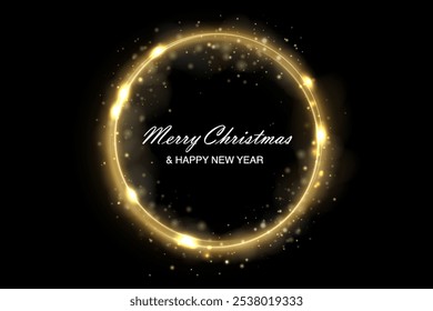 Christmas circle background with golden light neon effect. Glowing circle line with neon effect. Glowing blue circle trace. Magical glitter swirl trail effect on black background. 
