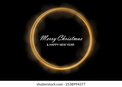 Christmas circle background with golden light neon effect. Glowing circle line with neon effect. Glowing blue circle trace. Magical glitter swirl trail effect on black background. 
