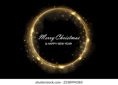 Christmas circle background with golden light neon effect. Glowing circle line with neon effect. Glowing blue circle trace. Magical glitter swirl trail effect on black background. 
