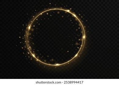 Christmas circle background with golden light neon effect. Glowing circle line with neon effect. Glowing blue circle trace. Magical glitter swirl trail effect on black background. 
