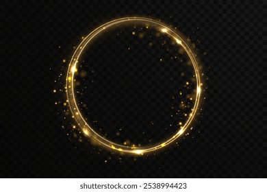 Christmas circle background with golden light neon effect. Glowing circle line with neon effect. Glowing blue circle trace. Magical glitter swirl trail effect on black background. 
