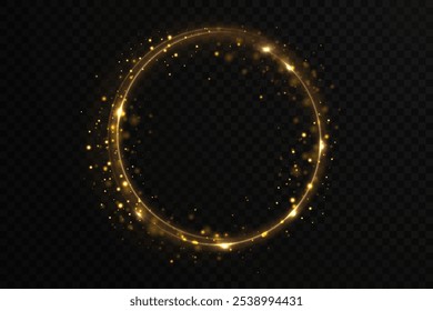 Christmas circle background with golden light neon effect. Glowing circle line with neon effect. Glowing blue circle trace. Magical glitter swirl trail effect on black background. 
