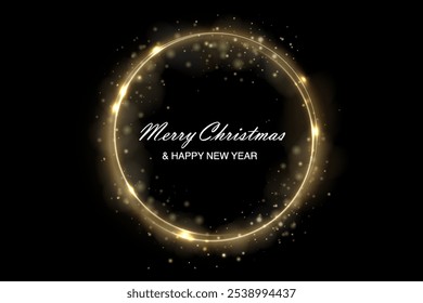 Christmas circle background with golden light neon effect. Glowing circle line with neon effect. Glowing blue circle trace. Magical glitter swirl trail effect on black background. 
