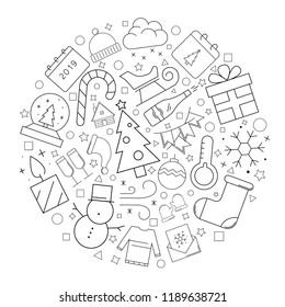 Christmas circle background from line icon. Linear vector pattern. Vector illustration