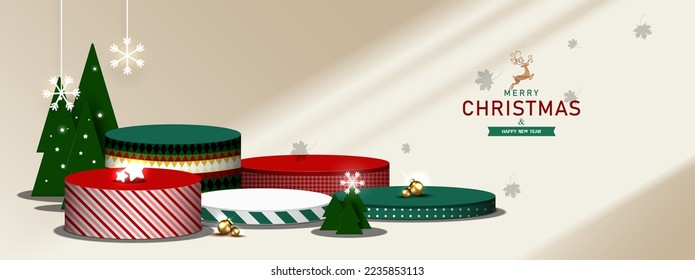 Christmas circle base. Podium empty for product display, advertising, show, and award in Christmas and New year festive. Platform studio. Vector illustration.