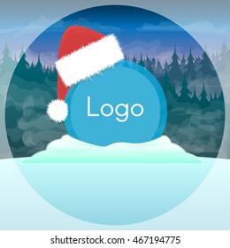 christmas circle blank with Santa hat, winter forest