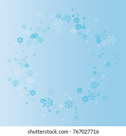 Christmas circle border or frame with random scatter falling blue snowflakes on a blue background.
