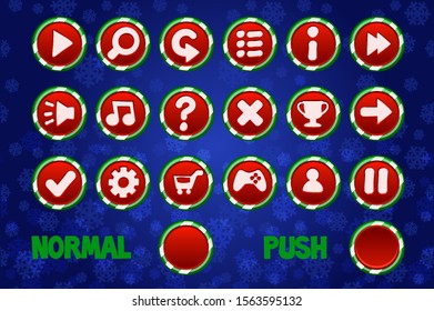 Christmas circle Buttons for Web and 2D Games UI. Normal and Push button. Vector objects on a separate layer.