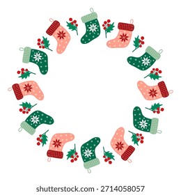 Weihnachtskreis Zusammensetzung der traditionellen Strumpf und ilex Zweige. EPS 10 Vektorrahmen.