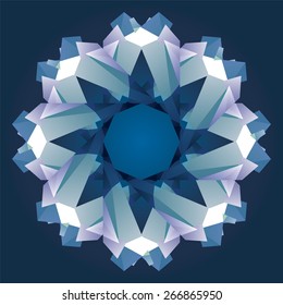 Christmas circle crystal ornament. Vector snowflake. blue garland for winter decoration. Stained glass imitation