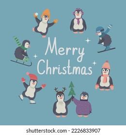 Christmas circle of cute cartoon happy funny penguins with warm clothes waiting for holidays. Winter vector illustration for children print with Merry Christmas text.