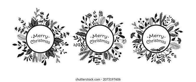 Christmas circle frame branch greeting black glyph set. New year or xmas winter background for text congratulations. Holiday mistletoe holly, fir pine doodle print design. Poster or greeting card