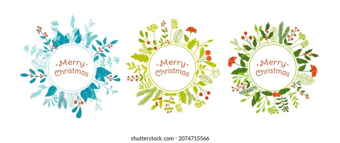 Conjunto de saludos de la rama del marco del círculo de Navidad. Año nuevo o Navidad invierno de fondo para felicitaciones por texto. Diseño de doodle de invierno de mistletoe holly de vacaciones, berry, fir pino. Afiche festivo o tarjeta de saludo
