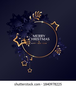 Christmas circle frame with dark blue snowflakes and golden stars.