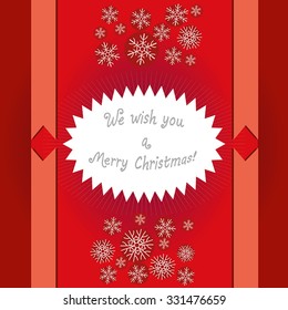 Christmas circle frame with snow flakes and place for text - red holidays card. Paint by brush strokes round frame. Vector christmas design for cover,background,flyer, invitation.
