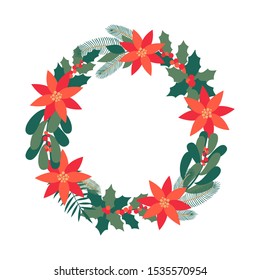 Christmas circle frame with text space. Hand drawn foliage of holly, laurel, mistletoe, flowers of poinsettia and fir tree sprigs decor for Christmas design. Natural Winter Vector card.