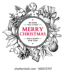 Christmas circle frame. Vector hand drawn illustration with holly, mistletoe, poinsettia, pine cone, sock, toy, ball, candy, ginger man . Engraved xmas greeting card or banner
