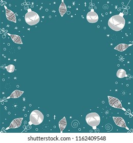 Christmas circle frame with white hand drawn elements on a blue background. Doodle christmas template for design. Vector.