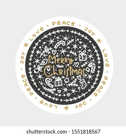 Christmas circle label, drink coaster design, wall art, gift tag. Black and gold winter holiday image with greeting lettering text.