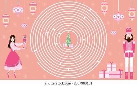 Christmas circle maze with nutcracker character and ballerina, help to find way to xmas tree, printable logical game