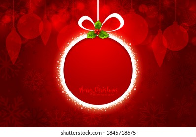 Christmas Circle Round Ball Ornament Shape Concept with the Holly Berry Mistletoe Hang from Top, on Christmas Ornaments and Snowflakes and Red Gradient Background. Vector illustration.