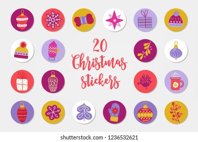 Christmas circle stickers with ball, bauble, knitting, star, present, mistletoe, cone, berry, cookie, hat, mittens, fir tree. Perfect for winter holidays