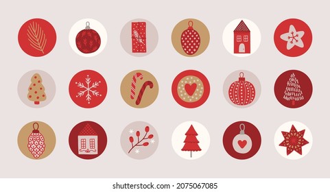 Christmas circle stickers with ball, fir cone, Xmas tree, spruce branch, star, snowflake, cookie, candy cane in Red, Gold and White. Perfect as icons for holidays, highlight covers
