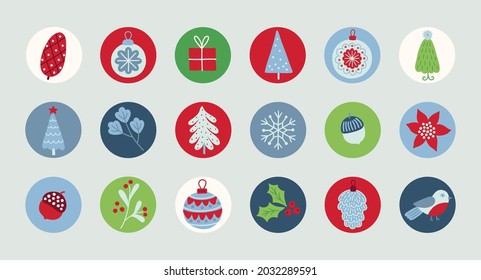 Christmas circle stickers with ball, gift, fir tree, leaves, snowflake, acorn, flower, acorn, mistletoe, cone, bird in Red, Green, Blue and White. Perfect as icons for holidays, highlight covers