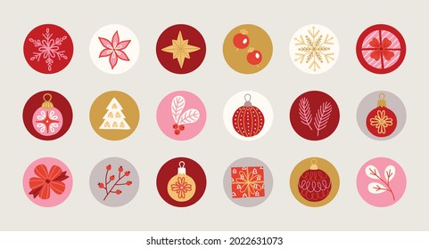 Christmas circle stickers with ball, snowflake, berry, gift box, bow, fir branch, leaves, star in Red, Grey, Gold, Pink and White. Perfect as icons for holidays, highlight covers