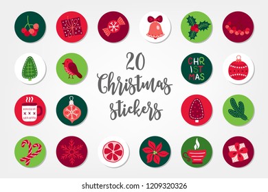 Christmas circle stickers with rowanberry, gift, candy, bell, holly, fir tree, bullfinch, ball, hot drink, bauble, snowflake, orange. Perfect for winter holidays