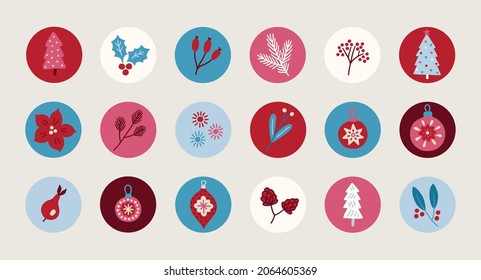 Christmas circle stickers with Xmas tree, holly berry, fir branch, flower, snowflake, ball, bauble, leaves, cone, briar, sparkle in Red, Blue and White. Perfect as icons for holidays, highlight covers