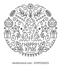 Christmas circle vector line drawing illustration