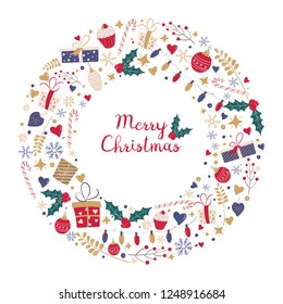 Christmas circle wreath with presents, mistletoe and set of holiday elements. Vector Illustration and greeting card for your design on white background
