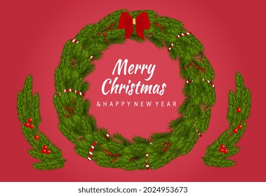 Christmas circle wreath. Wish you merry christmas. Applique from spruce branches. Decorative ornament with red garland. Happy holydays. Flat cartoon vector illustration isolated on red background