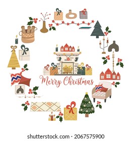 Christmas circular design isolated on white background, in center fireplace with text merry christmas.Fireplace with fire, gifts, garland with socks. Vector illustration for postcard, holiday decor