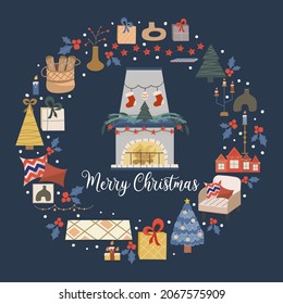 Christmas circular design isolated on dark background, in center is a fireplace with the text merry christmas.Fireplace with fire, with snowflakes. Vector illustration for postcard or holiday decor