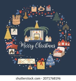 Christmas circular design isolated on dark background, in center is a fireplace with the text merry christmas.Fireplace with fire, with snowflakes. Vector illustration for postcard or holiday decor
